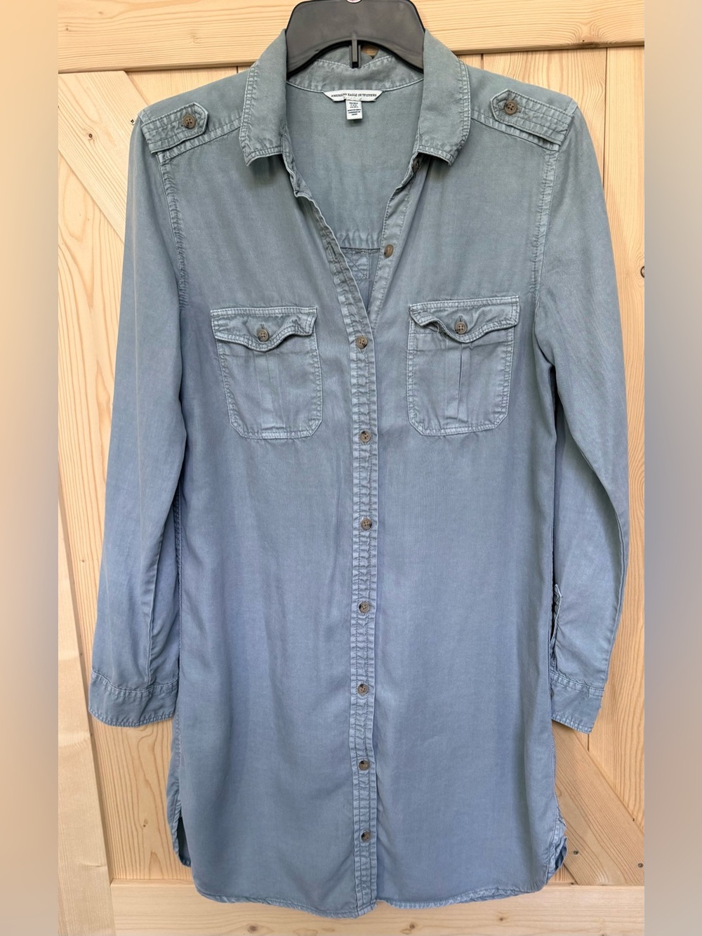 American Eagle Outfitters Light Sage Long-Sleeve Shirt Dress